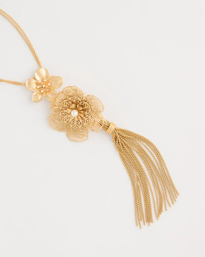 Chico's Filigree Flower Tassel Necklace Gold