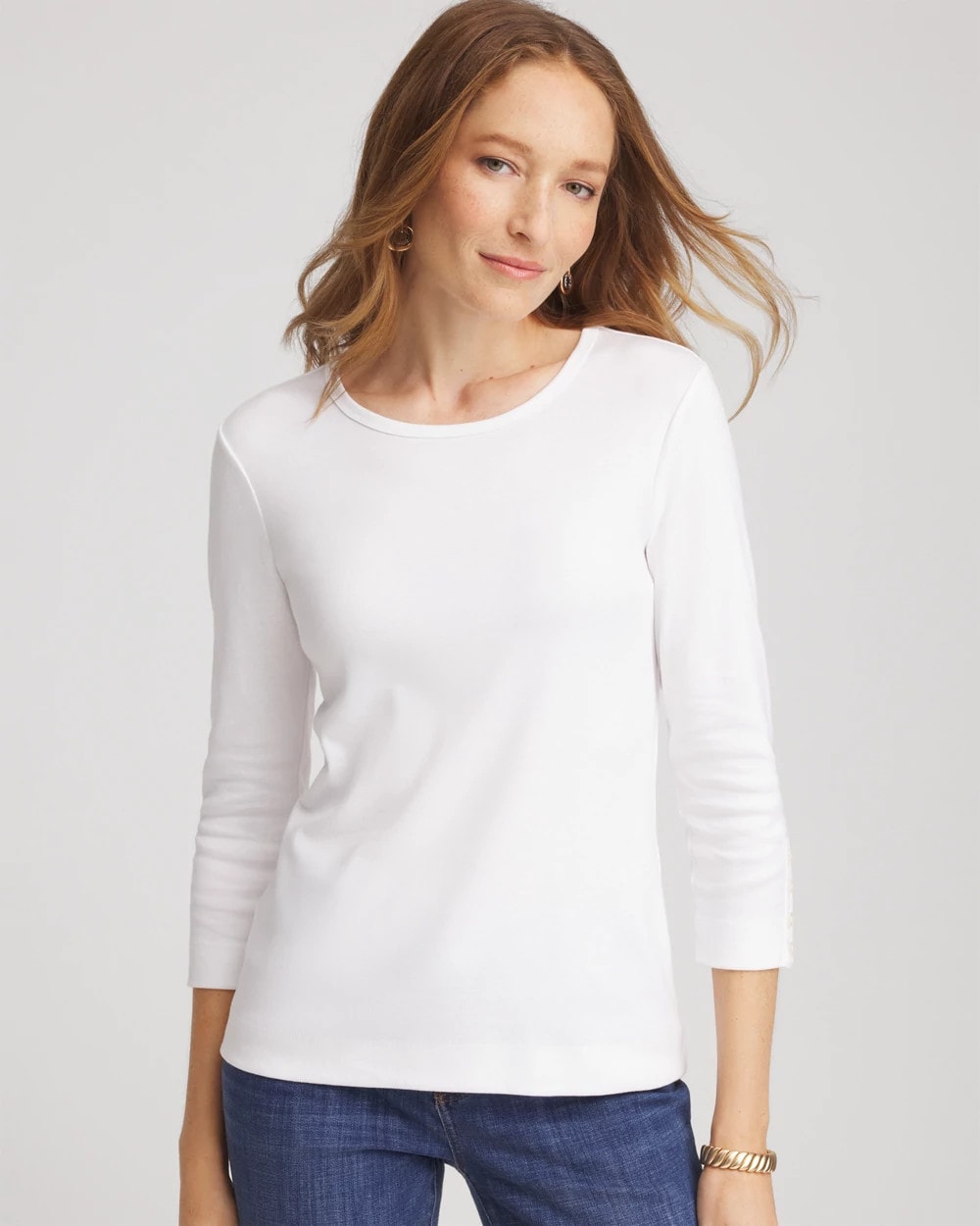 Chico's Pima Cotton Crewneck Button Tee Alabaster