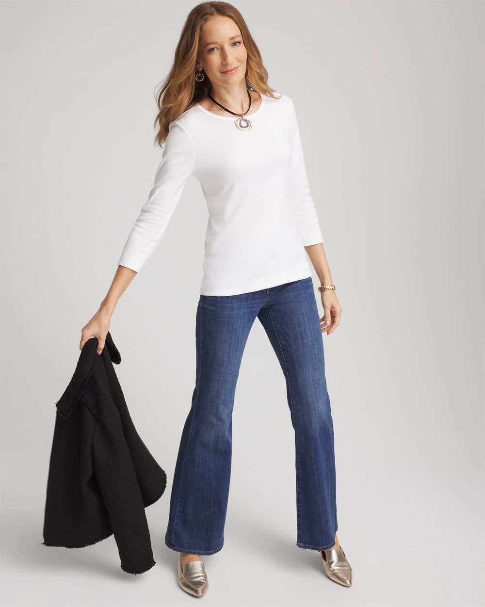 Chico's Pima Cotton Crewneck Button Tee Alabaster