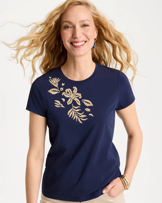Chico's Cotton Stretch Cap Sleeve Embroidered Tee Passport Blue