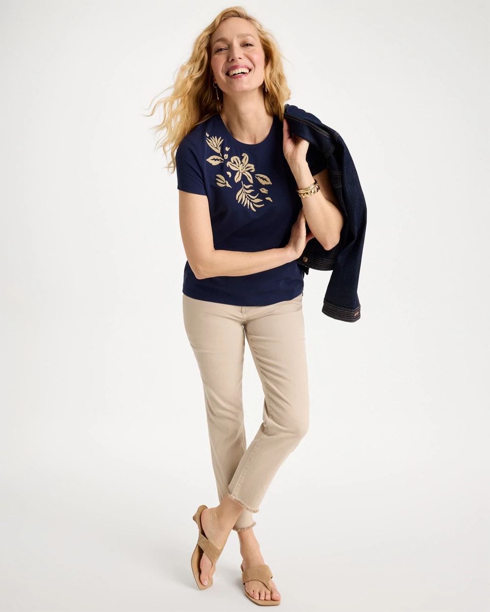 Chico's Cotton Stretch Cap Sleeve Embroidered Tee Passport Blue