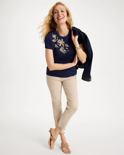 Chico's Cotton Stretch Cap Sleeve Embroidered Tee Passport Blue