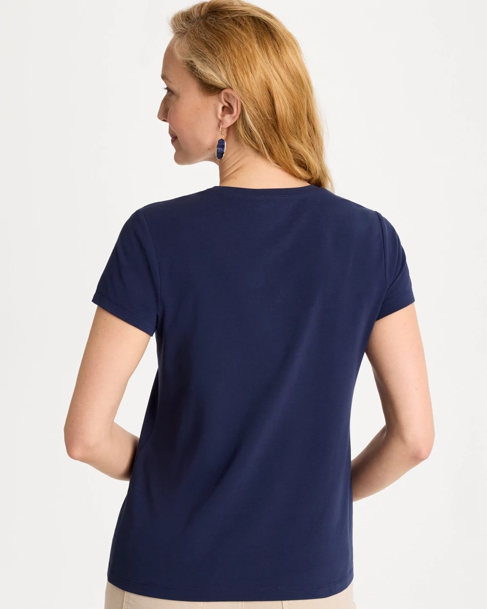 Chico's Cotton Stretch Cap Sleeve Embroidered Tee Passport Blue