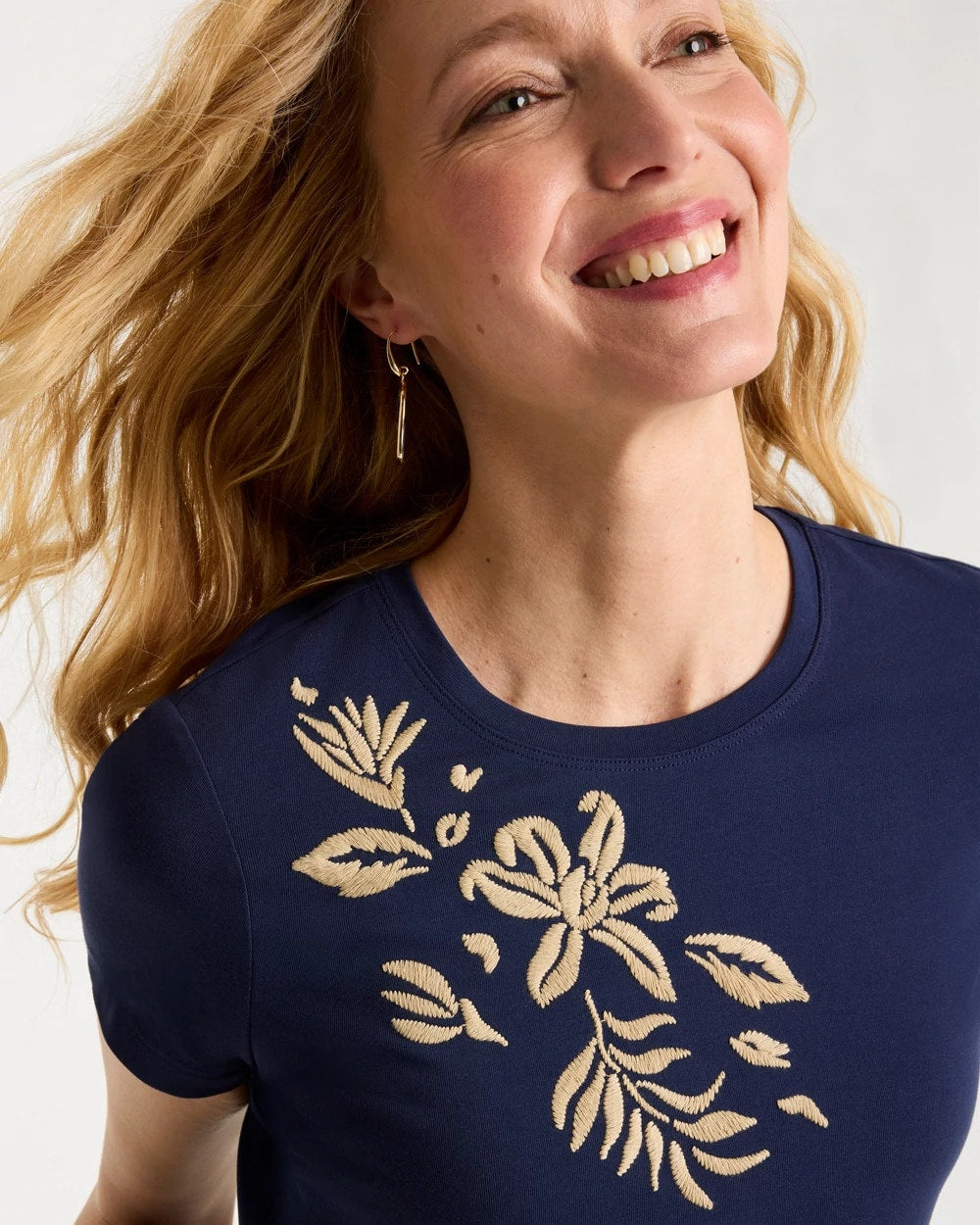 Chico's Cotton Stretch Cap Sleeve Embroidered Tee Passport Blue