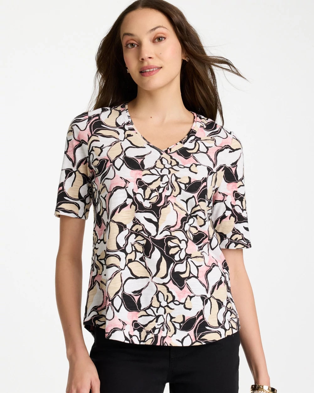 Chico's Printed Cotton Slub V-Neck Tee Black
