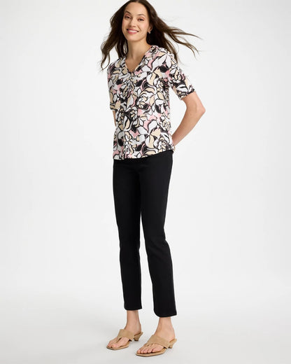 Chico's Printed Cotton Slub V-Neck Tee Black