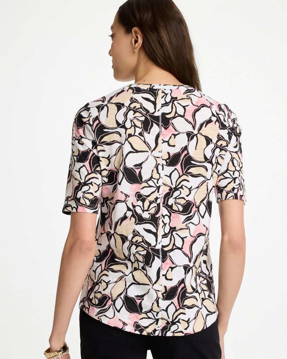 Chico's Printed Cotton Slub V-Neck Tee Black