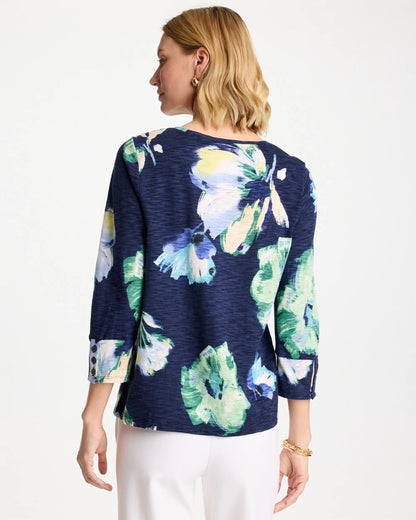 Chico's Printed Slub Button Detail Tee Passport Blue