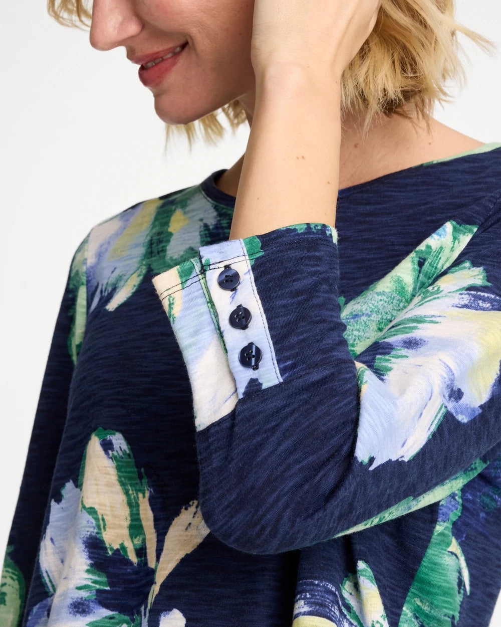 Chico's Printed Slub Button Detail Tee Passport Blue