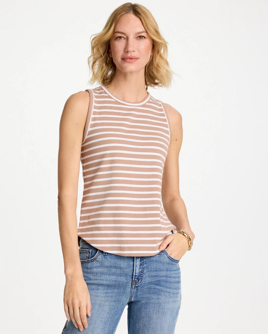 Chico's Striped High Neck Rib Tank Cattail Brown