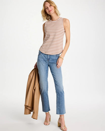 Chico's Striped High Neck Rib Tank Cattail Brown