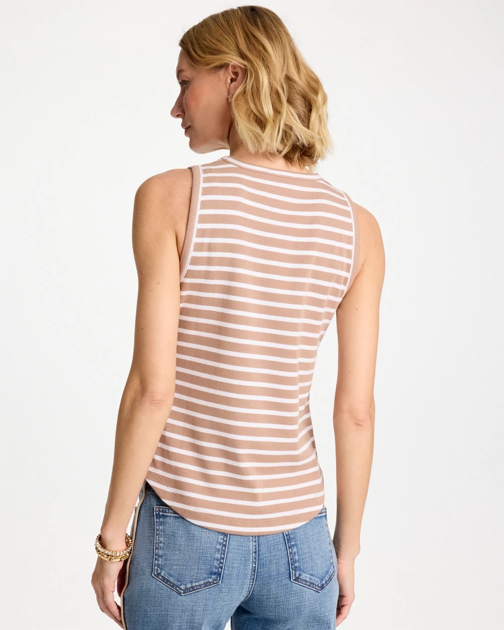 Chico's Striped High Neck Rib Tank Cattail Brown