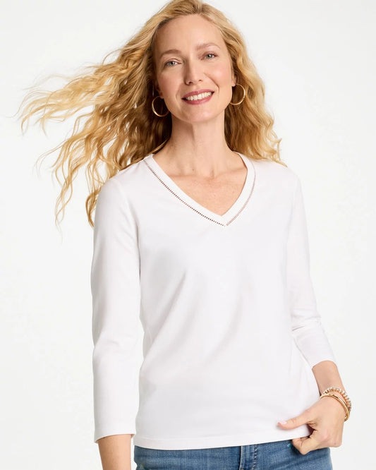 Chico's Trim Detail Cotton Stretch 3/4 Sleeve Tee Alabaster