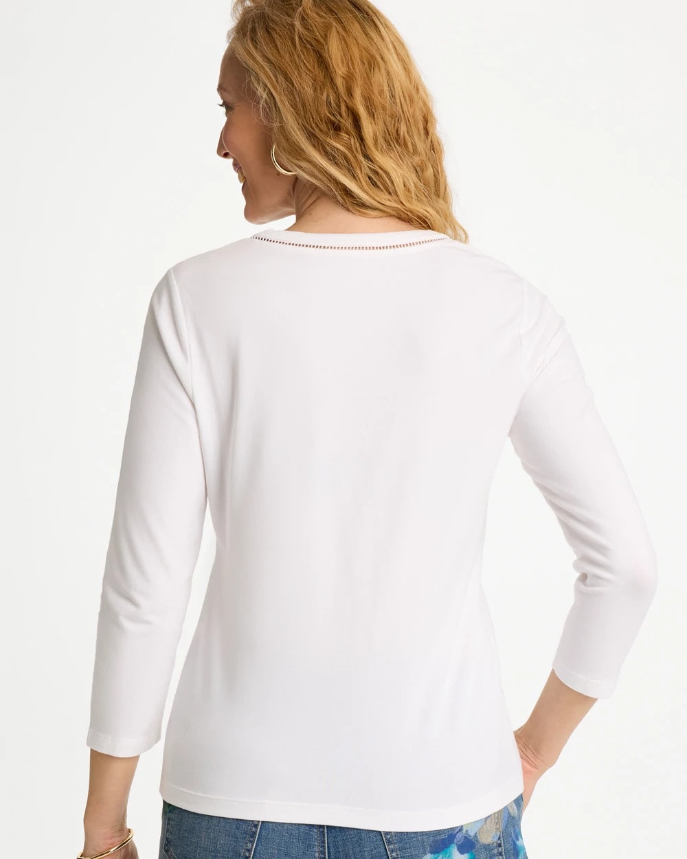 Chico's Trim Detail Cotton Stretch 3/4 Sleeve Tee Alabaster