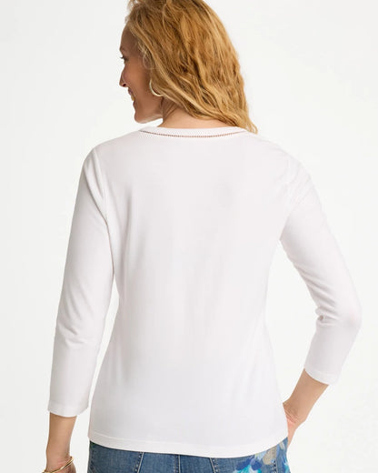 Chico's Trim Detail Cotton Stretch 3/4 Sleeve Tee Alabaster