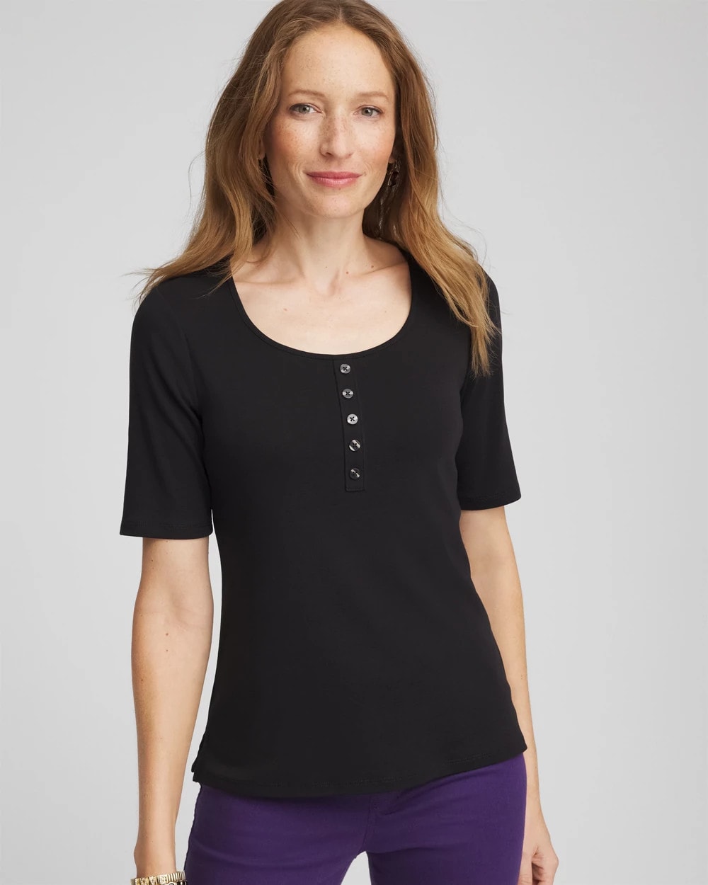 Chico's Pima Cotton Henley Tee Black