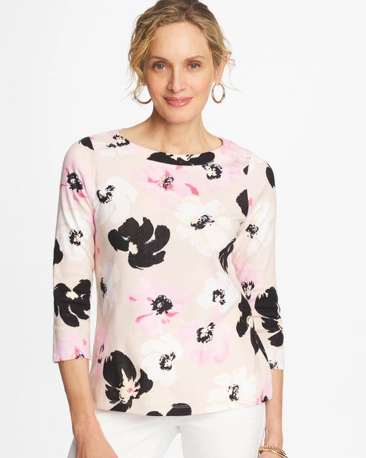 Chico's Printed Pima 3/4 Sleeve Tee Sweet Blossom
