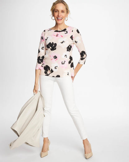 Chico's Printed Pima 3/4 Sleeve Tee Sweet Blossom