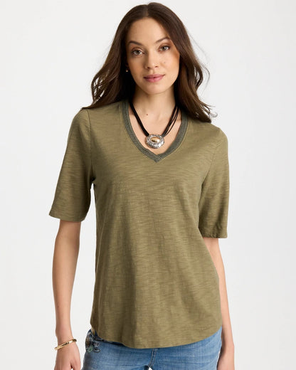 Chico's Cotton Slub V-Neck Tee Lichen