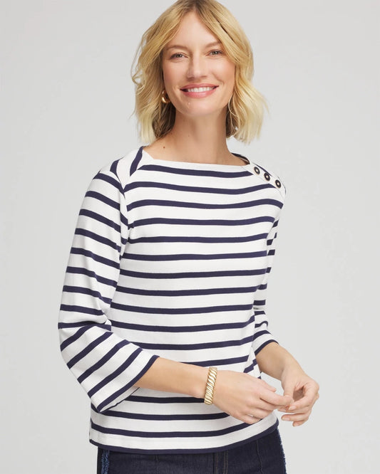 Chico's Bateau Neck Stripe Top Ecru