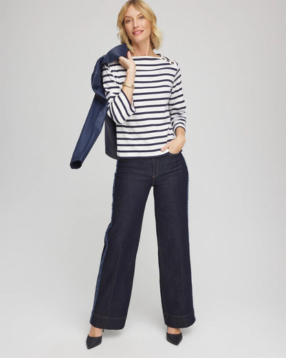 Chico's Bateau Neck Stripe Top Ecru