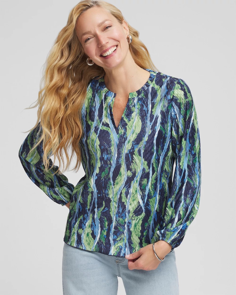 Chico's Ocean Plume Crinkle Top Passport Blue
