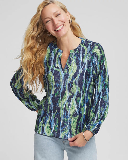 Chico's Ocean Plume Crinkle Top Passport Blue