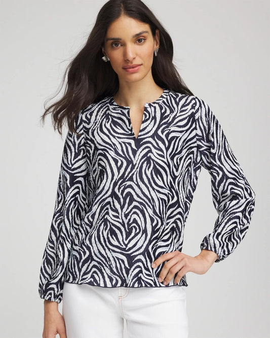 Chico's Zebra Waves Crinkle Top Passport Blue