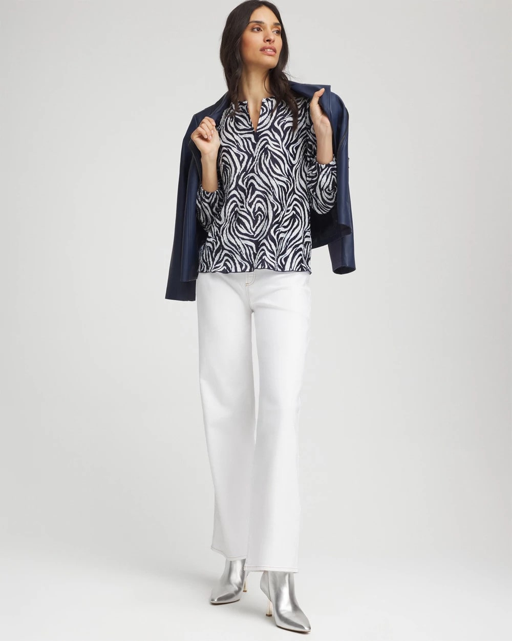 Chico's Zebra Waves Crinkle Top Passport Blue