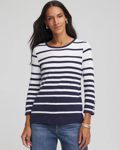 Chico's Pima Striped Button Sleeve Tee Passport Blue