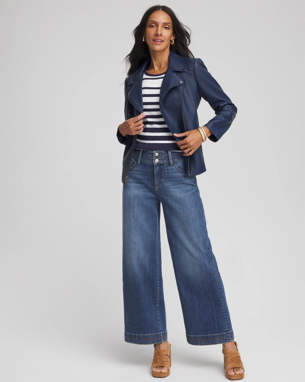 Chico's Pima Striped Button Sleeve Tee Passport Blue