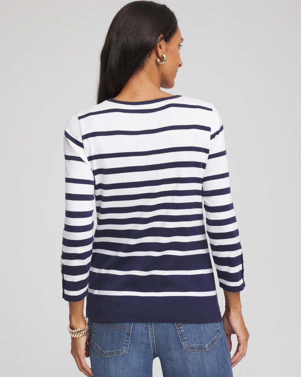 Chico's Pima Striped Button Sleeve Tee Passport Blue