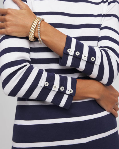Chico's Pima Striped Button Sleeve Tee Passport Blue