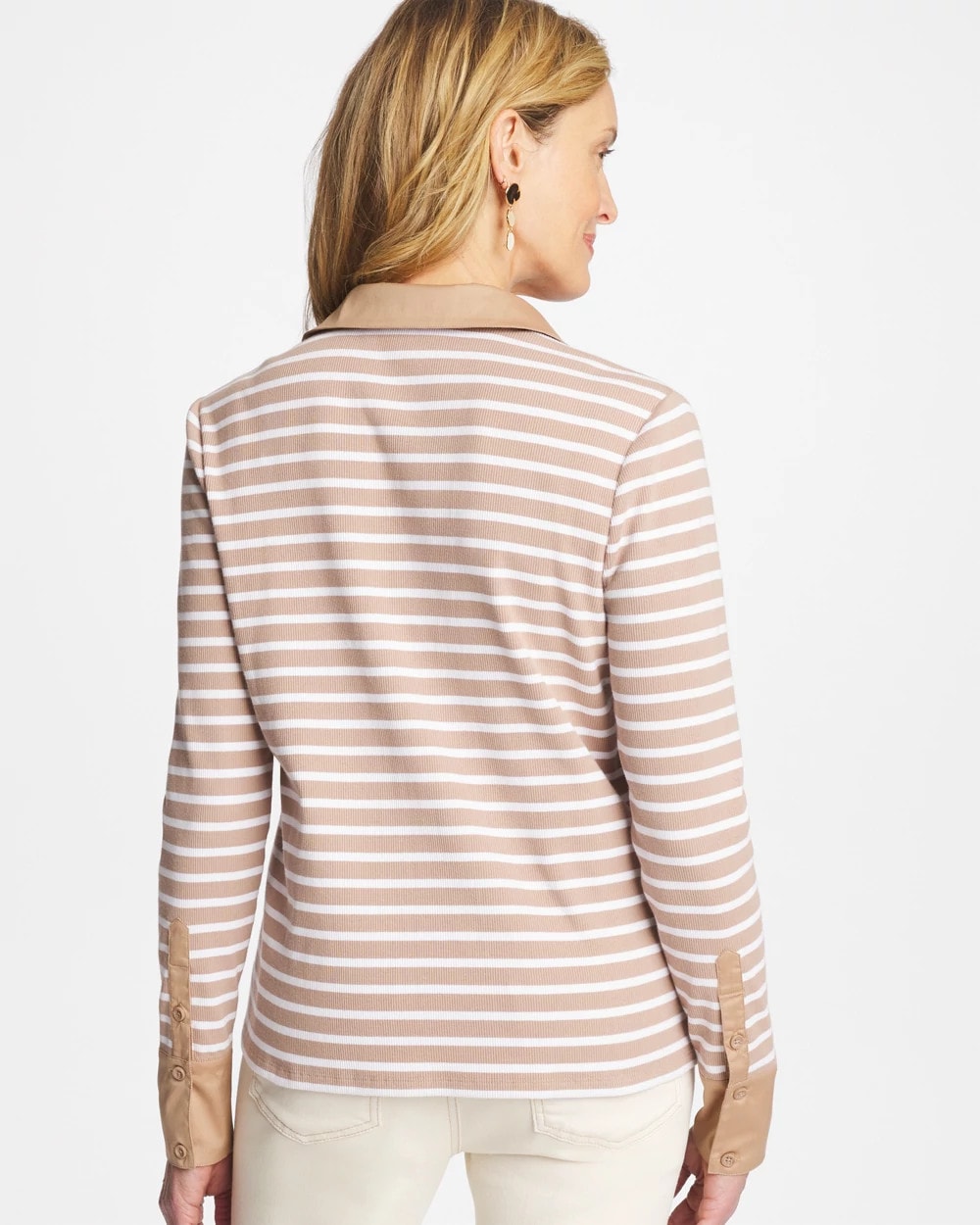 Chico's Striped Collared Rib Mix Henley Cattail Brown