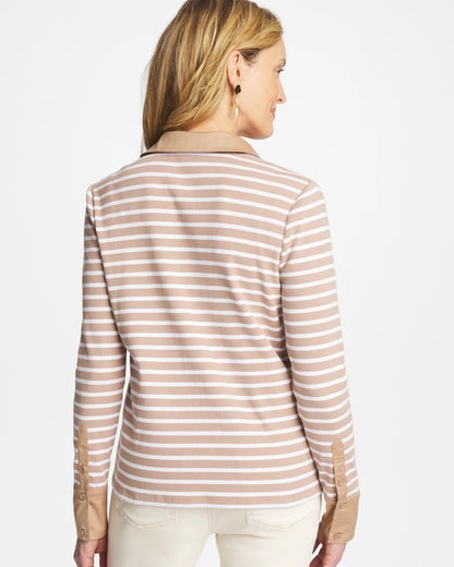 Chico's Striped Collared Rib Mix Henley Cattail Brown