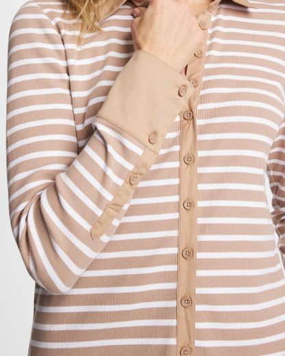 Chico's Striped Collared Rib Mix Henley Cattail Brown
