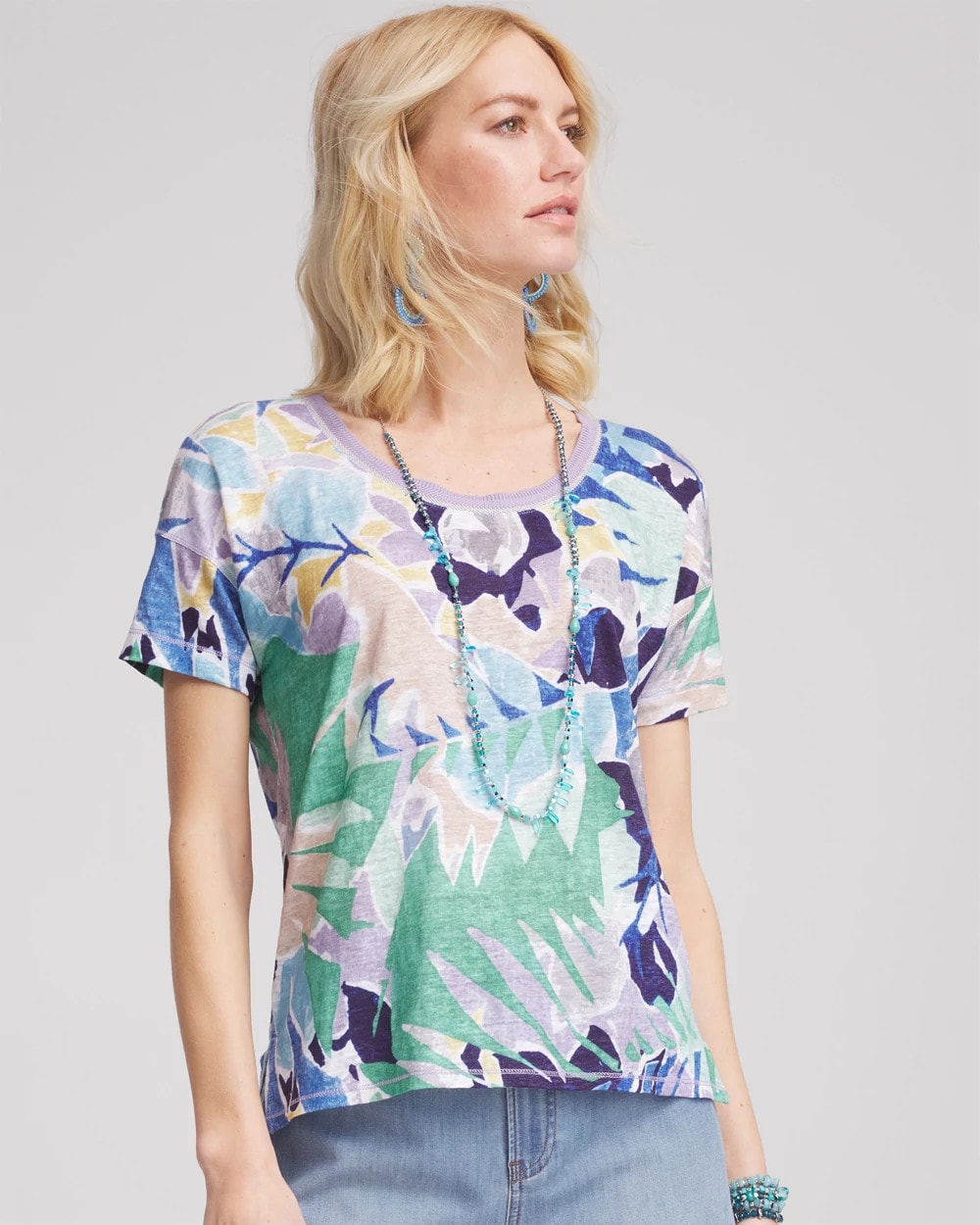 Chico's Tropical Nights Sweater-Trim Linen Tee Blue Casa