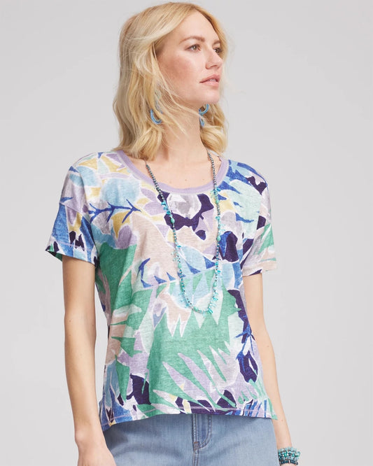 Chico's Tropical Nights Sweater-Trim Linen Tee Blue Casa