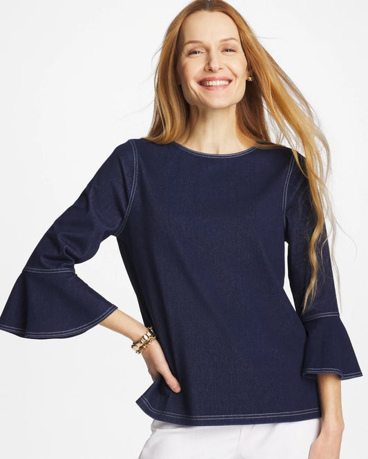 Chico's Indigo Denim Trumpet Sleeve Top Denim
