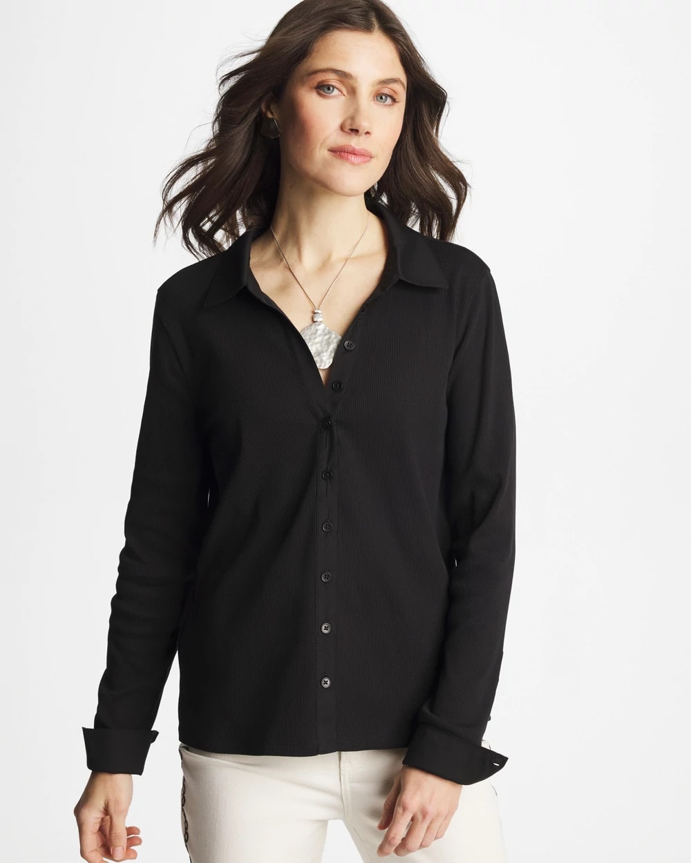 Chico's Collared Rib Mix Henley Black