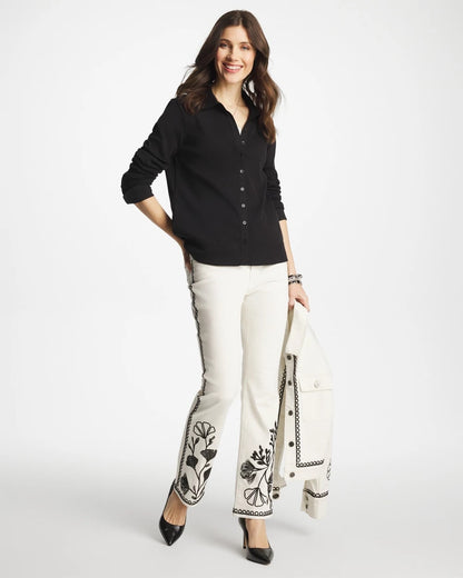 Chico's Collared Rib Mix Henley Black