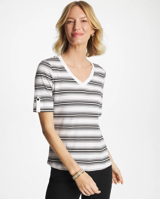 Chico's Pima V-Neck Tab Sleeve Tee Black