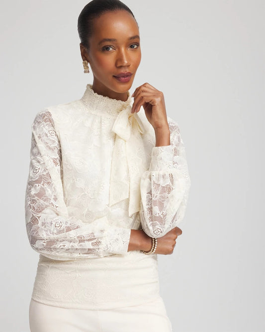 Chico's Tie-Neck Banded-Bottom Top English Cream