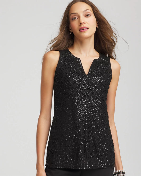 Chico's Sequin Beaded Notch Neck Tank Black