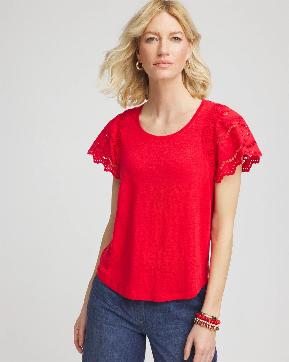 Chico's Linen Embroidered Lace Tee Red Glow
