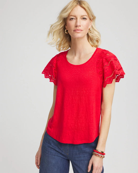 Chico's Linen Embroidered Lace Tee Red Glow