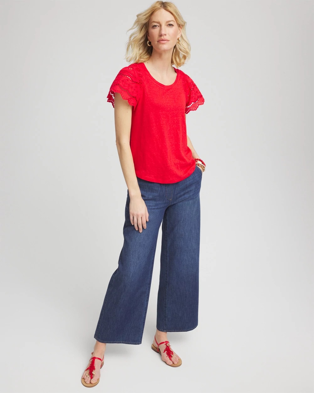Chico's Linen Embroidered Lace Tee Red Glow