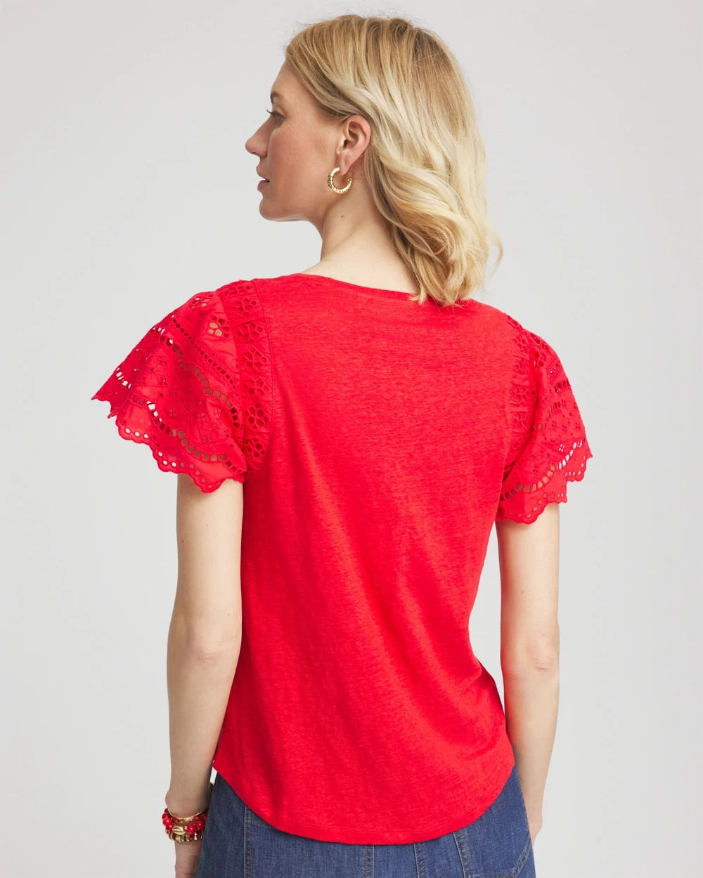 Chico's Linen Embroidered Lace Tee Red Glow