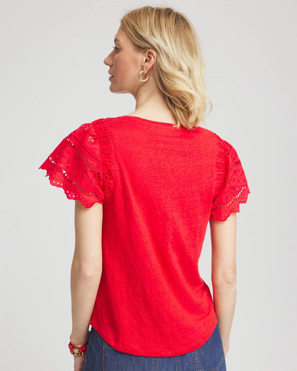 Chico's Linen Embroidered Lace Tee Red Glow