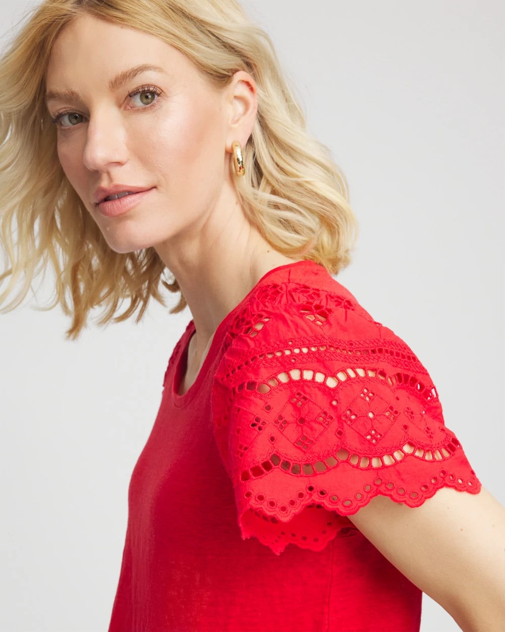 Chico's Linen Embroidered Lace Tee Red Glow